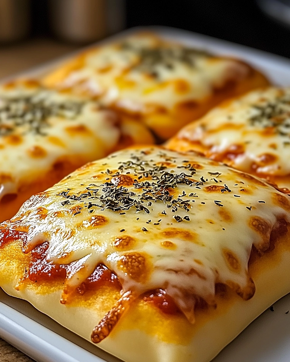 Close-up of cheesy rectangular mini pizzas with golden crusts and melted mozzarella on a white tray