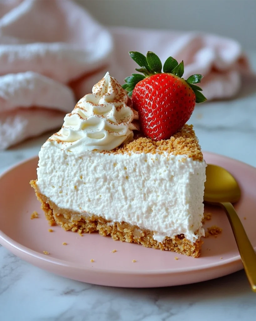 Slice of no-bake cheesecake topped with whipped cream and cherry pie filling