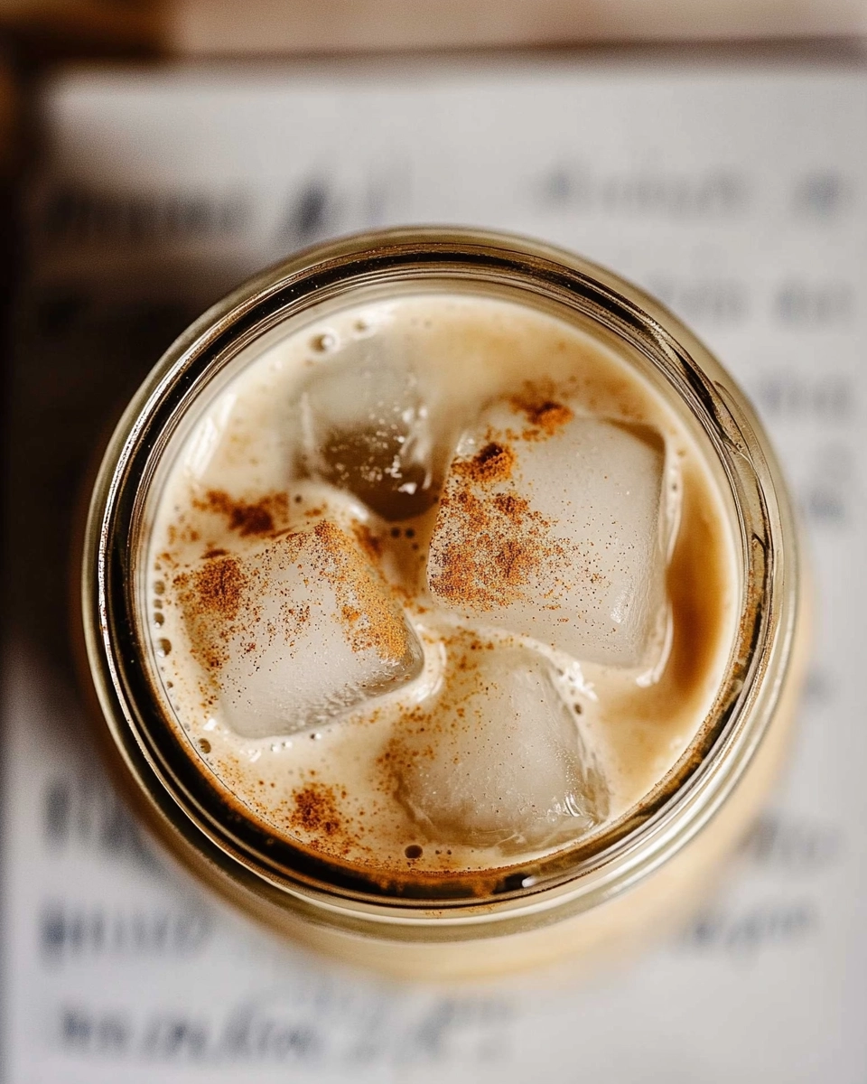 Overhead view of iced coffee with large ice cubes and a sprinkle of cinnamon, served in a mason jar with handwritten notes in the blurred background.