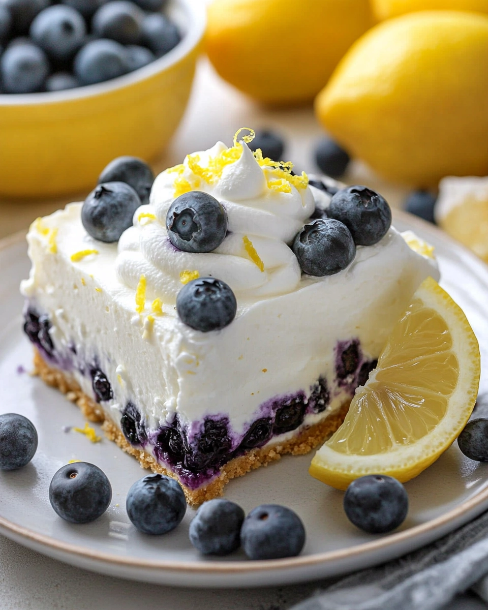 Indulge in a refreshing blueberry dessert, featuring a creamy filling on a graham cracker crust, topped with whipped cream, fresh blueberries, and zesty lemon. A perfect treat to brighten up any day