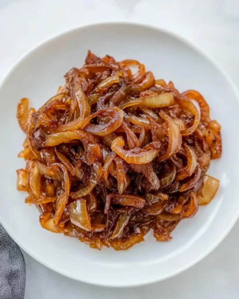 Slow-cooked caramelized onions served on a white plate, golden brown and glossy