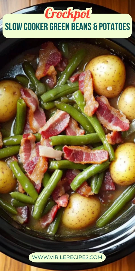 Overhead view of green beans and potatoes with bacon in a black crockpot, styled for Pinterest pin