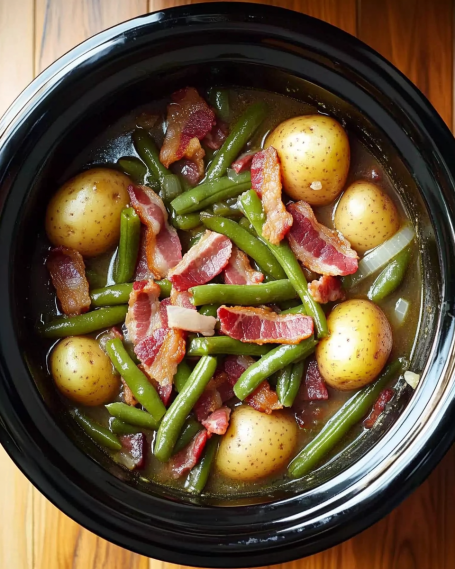 Slow cooker green beans, baby potatoes, and bacon in broth inside a black crockpot on wooden table