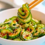 Spiral-cut Korean cucumber salad lifted with chopsticks, coated in gochugaru and sesame dressing