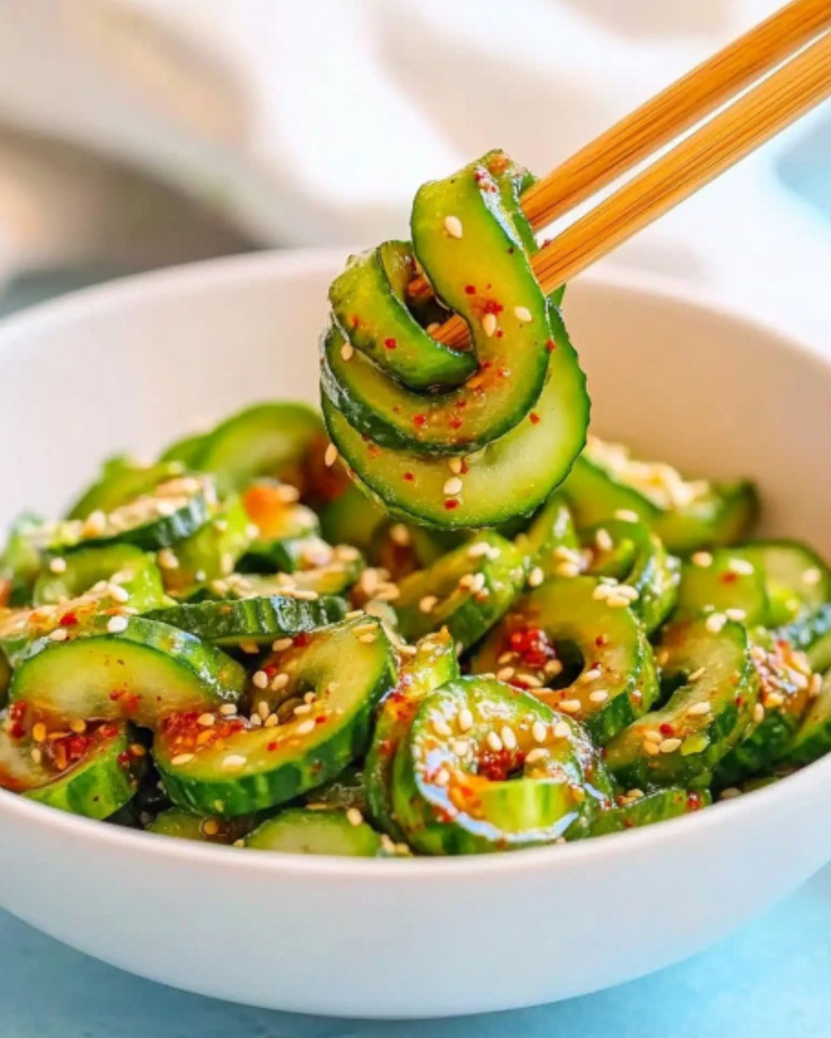 Spiral-cut Korean cucumber salad lifted with chopsticks, coated in gochugaru and sesame dressing