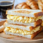 Stacked Japanese tamago sando egg salad sandwiches on wooden tray with coffee in the background