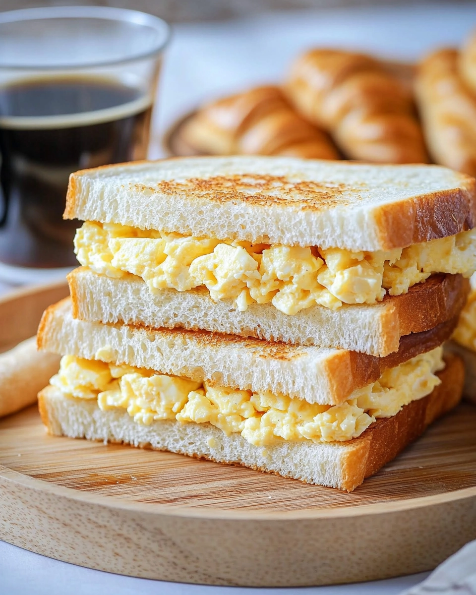Stacked Japanese tamago sando egg salad sandwiches on wooden tray with coffee in the background