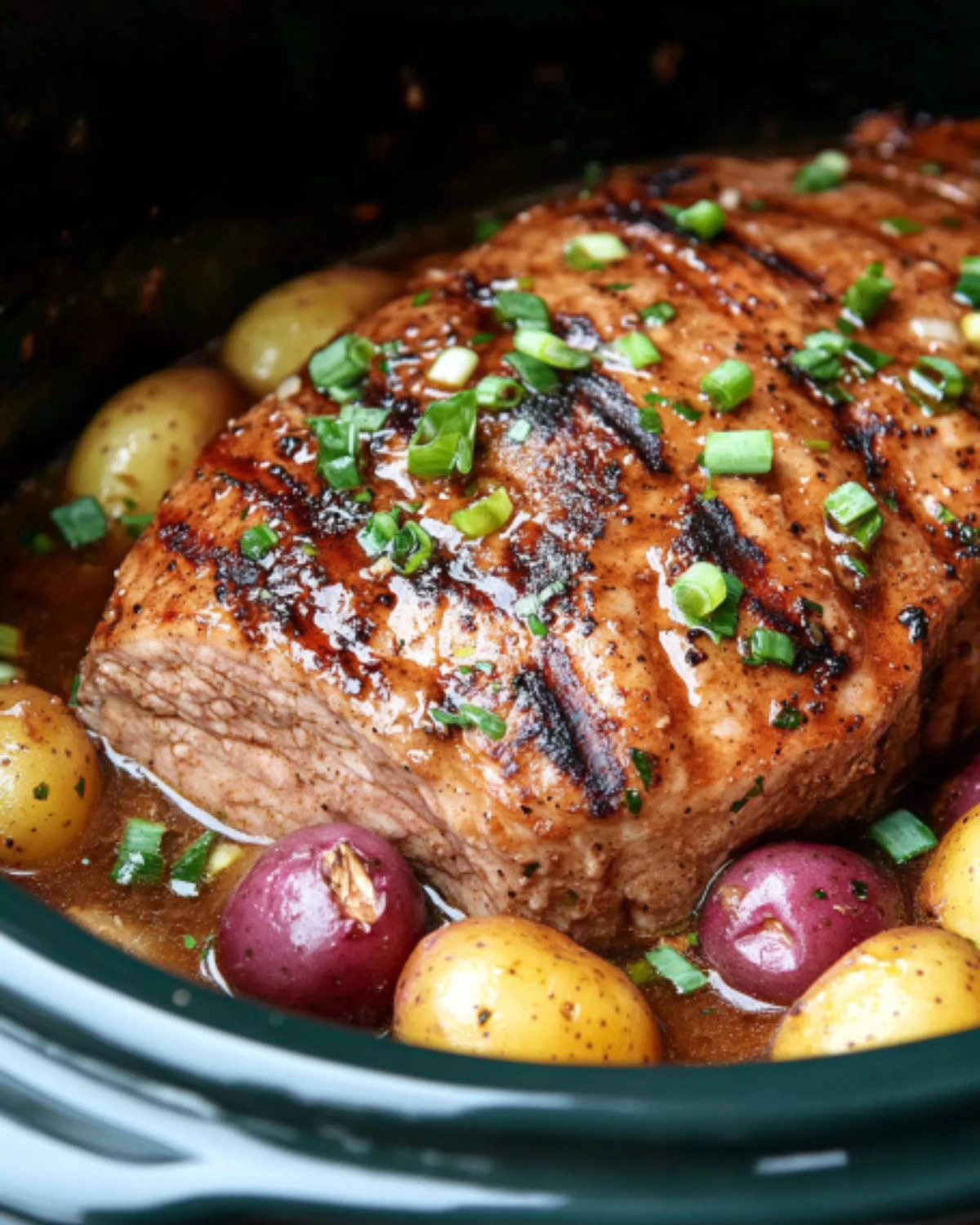 Slow-cooked pork roast with baby potatoes in a crockpot, garnished with green onions