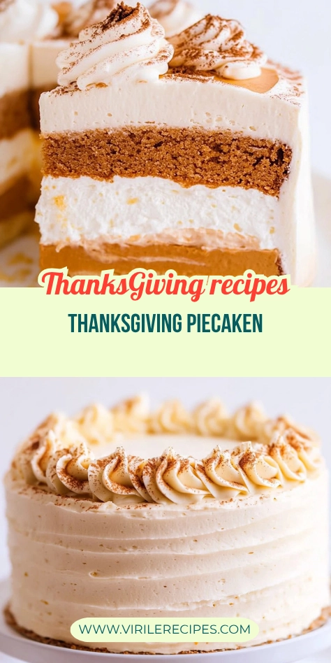 Thanksgiving Piecaken showing layers of spiced cake, pumpkin pie filling, and whipped cream frosting with cinnamon topping.