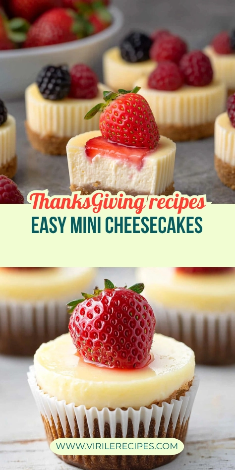 Thanksgiving Mini Cheesecakes – Easy & Festive Dessert Idea Festive Thanksgiving collage of easy mini cheesecakes topped with strawberries and berry sauce with text overlay