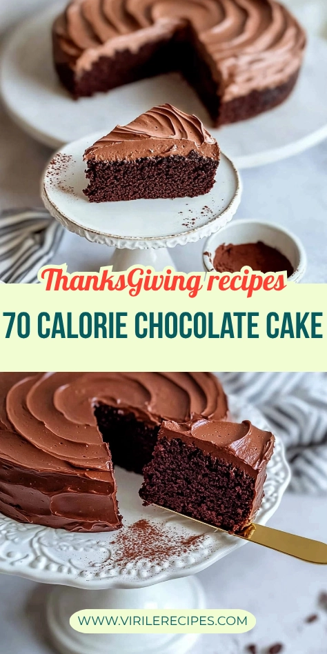 Low-calorie chocolate cake with glossy frosting, styled for Thanksgiving on a white cake stand and golden server