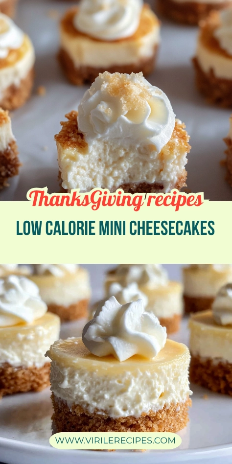 Thanksgiving-themed low calorie mini cheesecakes with graham cracker crust, whipped cream, and crumble topping.