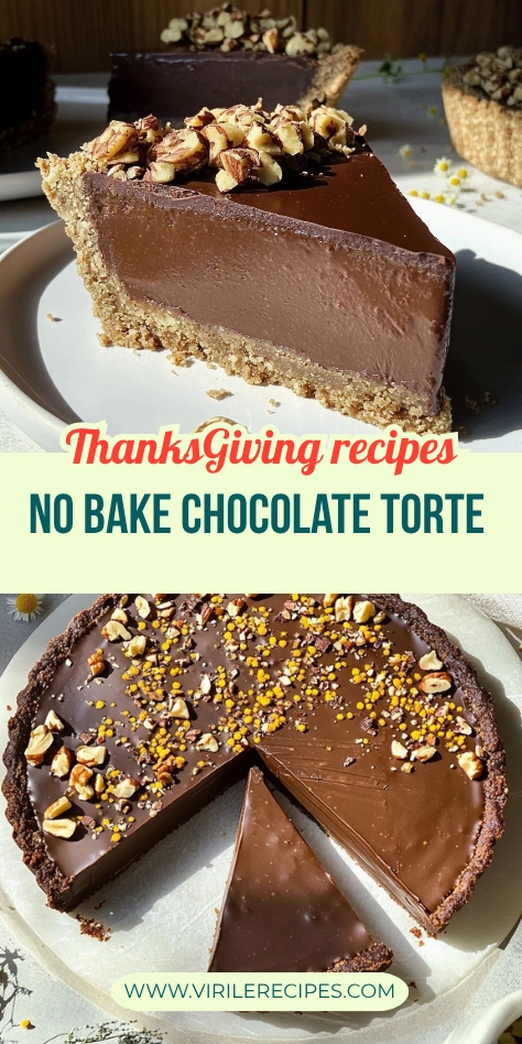 Collage of a no bake chocolate torte featuring a slice on a plate and a full top view of the torte topped with nuts and bee pollen.