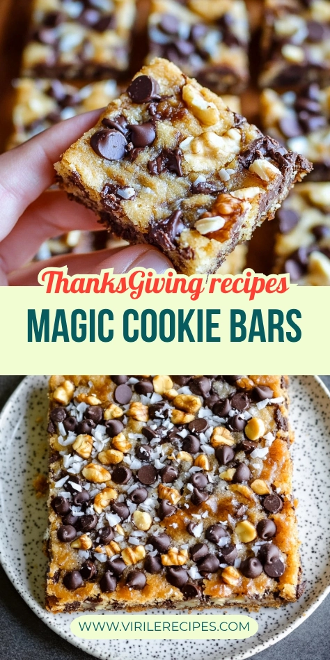 Collage of magic cookie bars for Thanksgiving with chocolate chips, coconut, and walnuts.