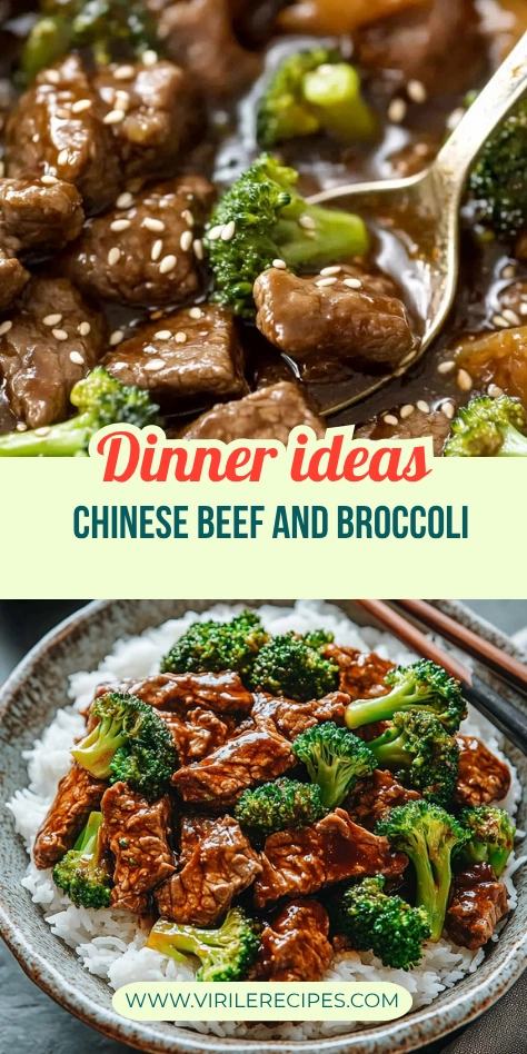 Two photos of Chinese beef and broccoli: one with sesame seeds and the other served on rice.