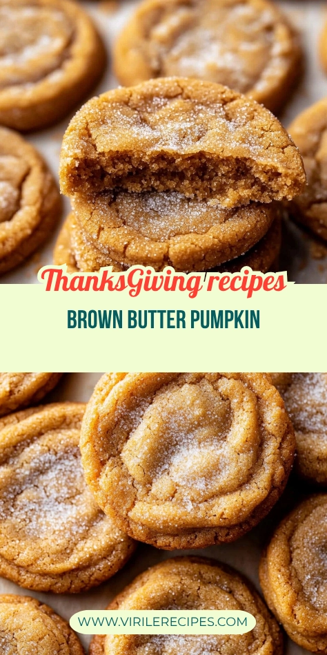 Brown butter pumpkin cookies with sugar coating, one broken in half to show soft, chewy interior.