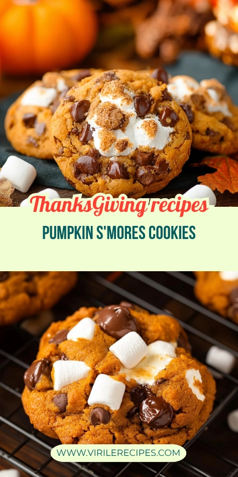 Pumpkin s’mores cookies topped with mini marshmallows and chocolate chunks, styled with fall decor for a Thanksgiving dessert scene.