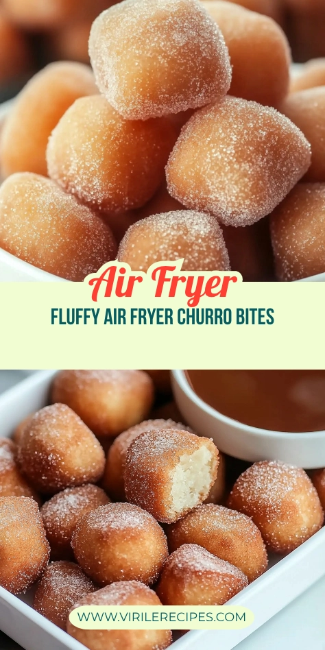 Fluffy air fryer churro bites coated in sugar, showing their soft, light interior, served with a side of rich chocolate sauce for dipping.