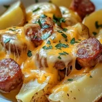 Cheesy sausage and potato bake with melted cheese and herbs in a white bowl