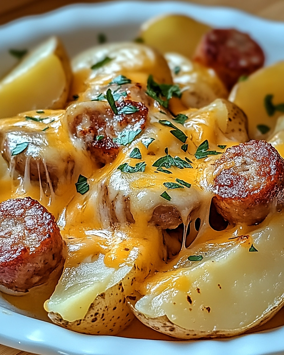 Cheesy sausage and potato bake with melted cheese and herbs in a white bowl