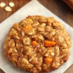 Close-up image of a soft and chewy carrot cake oatmeal cookie with visible oats and shredded carrots, set on a wooden table.