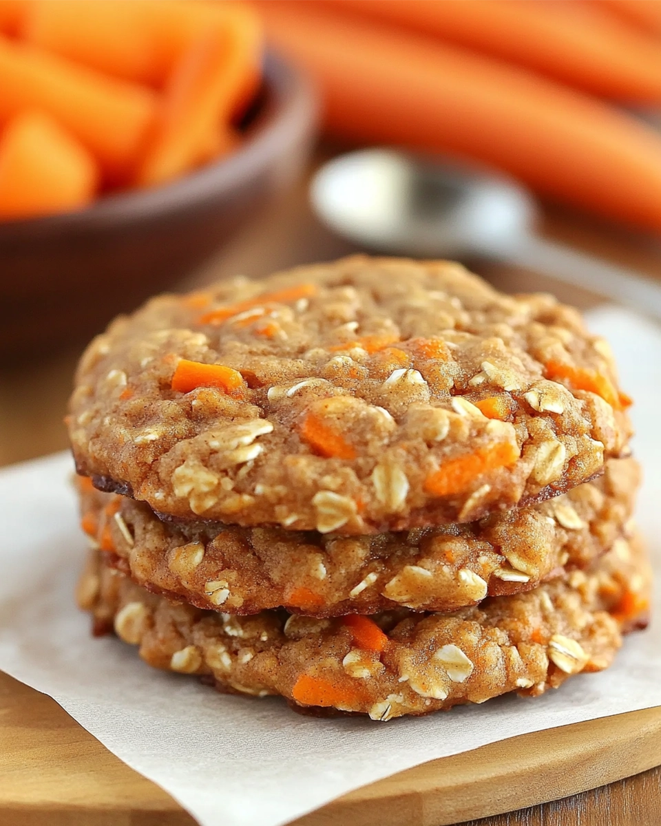 Stacked soft carrot cake oatmeal cookies with shredded carrots and oats on parchment paper, rustic background.

