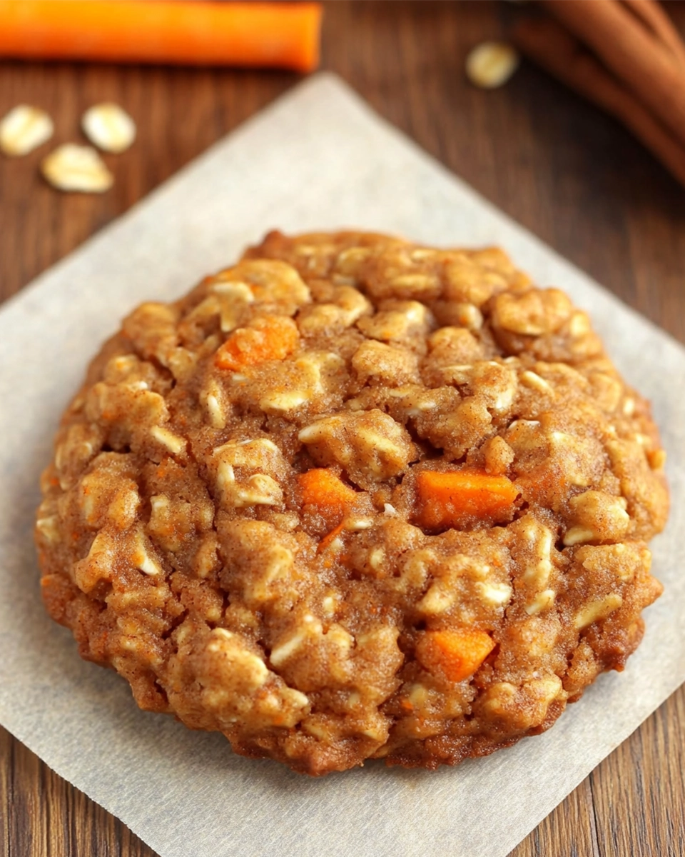 Close-up image of a soft and chewy carrot cake oatmeal cookie with visible oats and shredded carrots, set on a wooden table.