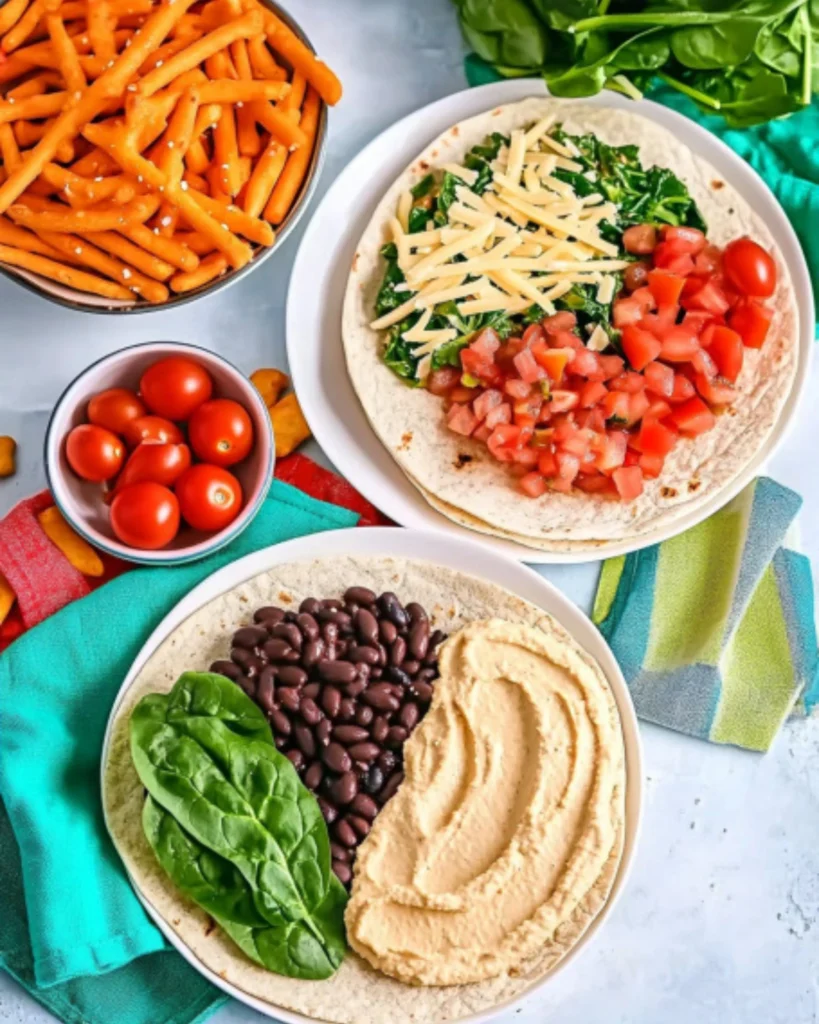 Folded wraps with spinach, diced tomatoes, cheese, and black beans, served with a side of carrots and pretzels.