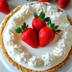 Top-down view of a no-bake cheesecake with whipped cream swirls and strawberries