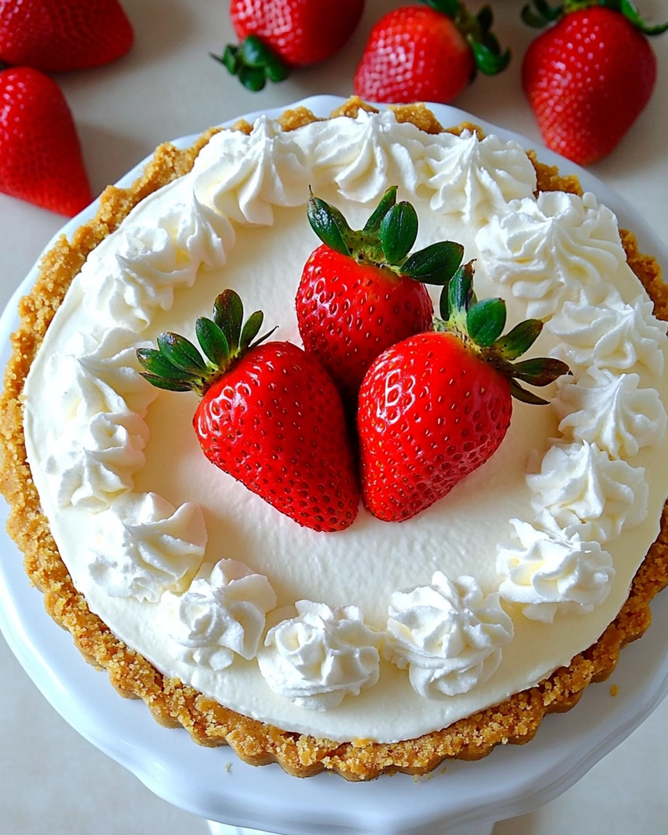 Top-down view of a no-bake cheesecake with whipped cream swirls and strawberries