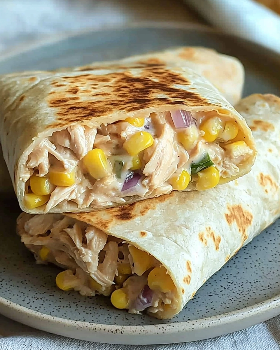 A close-up image of a golden tortilla wrap filled with shredded chicken, sweet corn, and onions, cut in half to reveal its creamy filling.