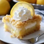 Close-up of a lemon cream cheese dump cake slice with whipped cream and lemon slice on a white plate with a fork.