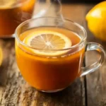 Hot Costa Rican weight loss tea with lemon slice in a clear glass mug on a wooden table