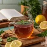 Glass cup of mint bariatric tea with lemon slices and fresh mint on a beige napkin