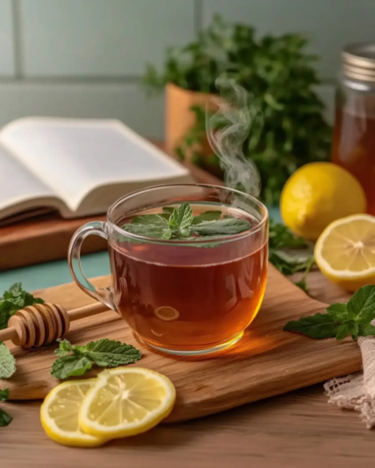 Glass cup of mint bariatric tea with lemon slices and fresh mint on a beige napkin