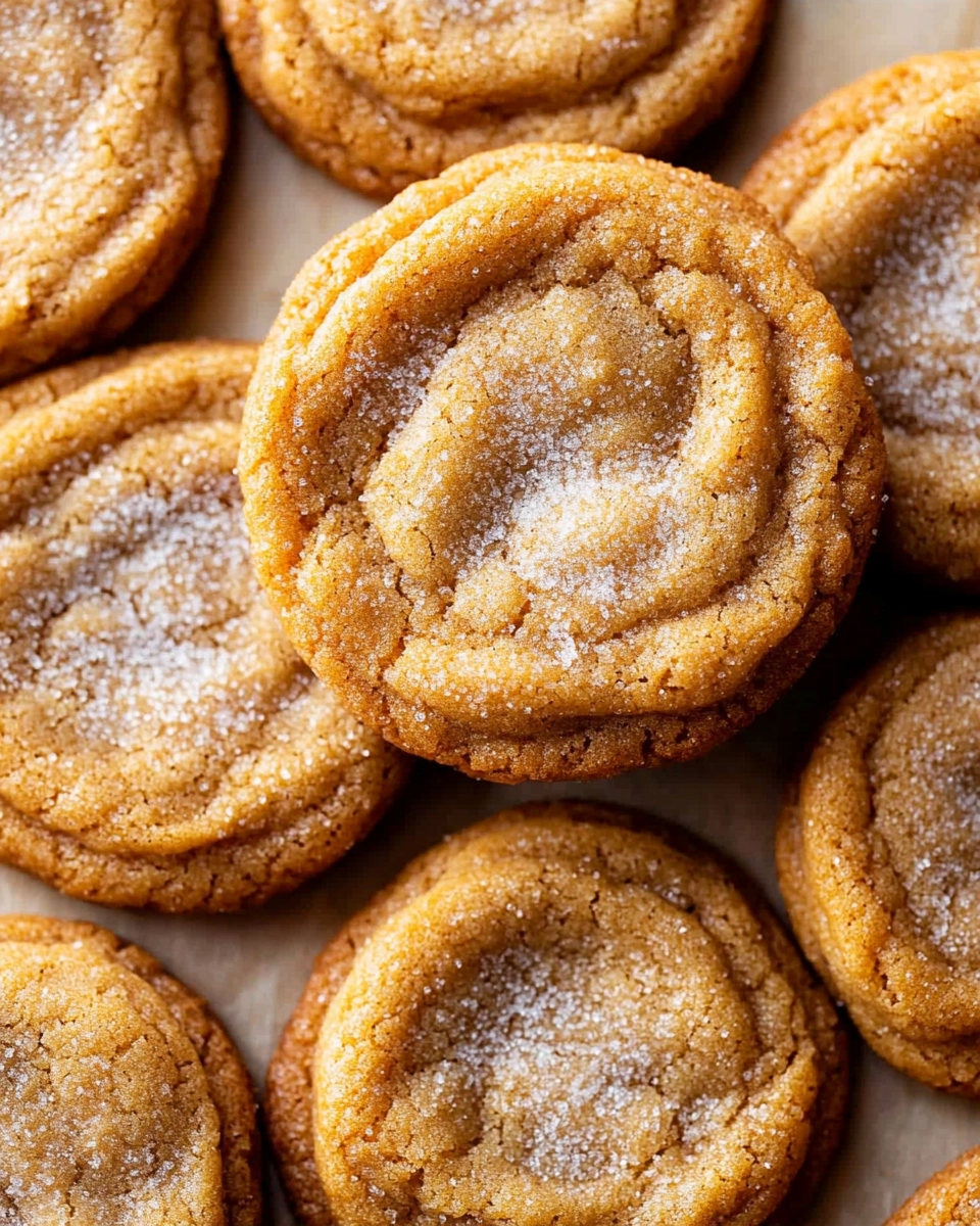 Golden-brown freshly baked cookies with a light sugar coating on parchment paper.