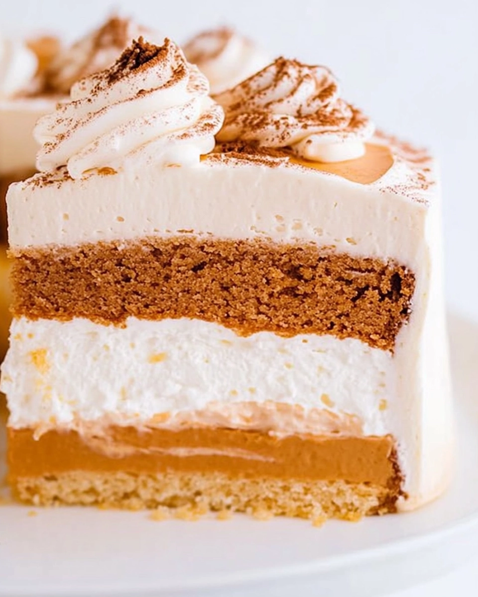 Layered pumpkin spice cake with whipped cream topping and visible pumpkin, frosting, and gingerbread layers.