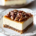 A slice of creamy cheesecake topped with a rich caramel pecan glaze on a delicate white plate.