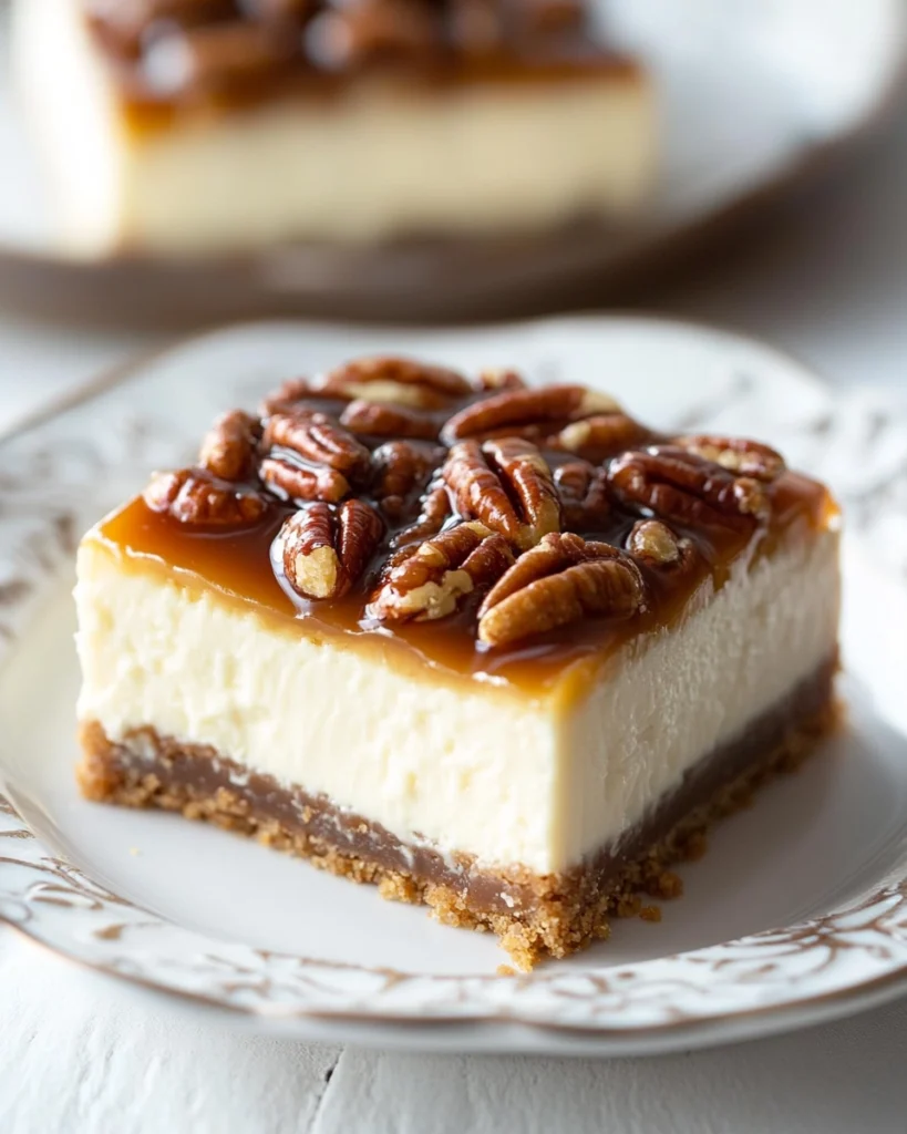 A slice of creamy cheesecake topped with a rich caramel pecan glaze on a delicate white plate.