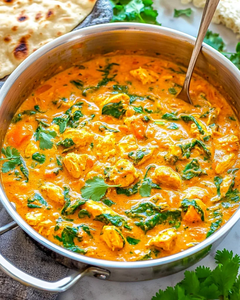 Close-up of creamy Indian chicken curry with spinach and carrots in a stainless steel pan, garnished with cilantro and served with naan.
