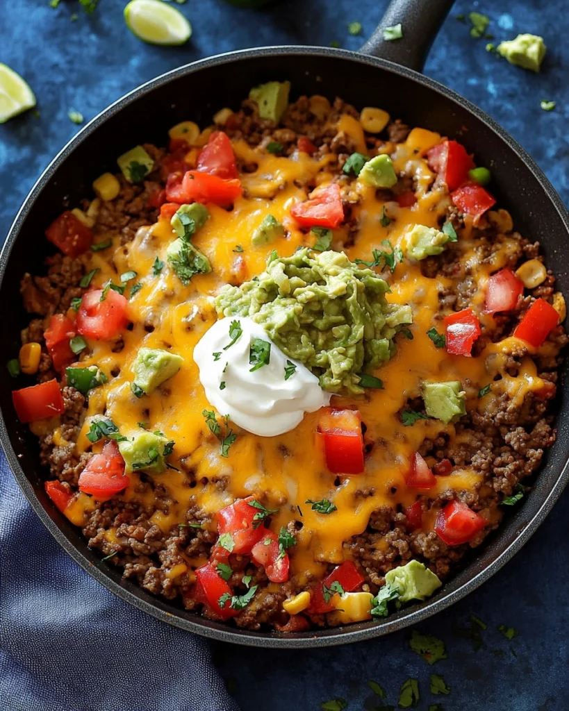 Close-up of cheesy taco skillet with ground beef, guacamole, and sour cream on a rustic blue surface