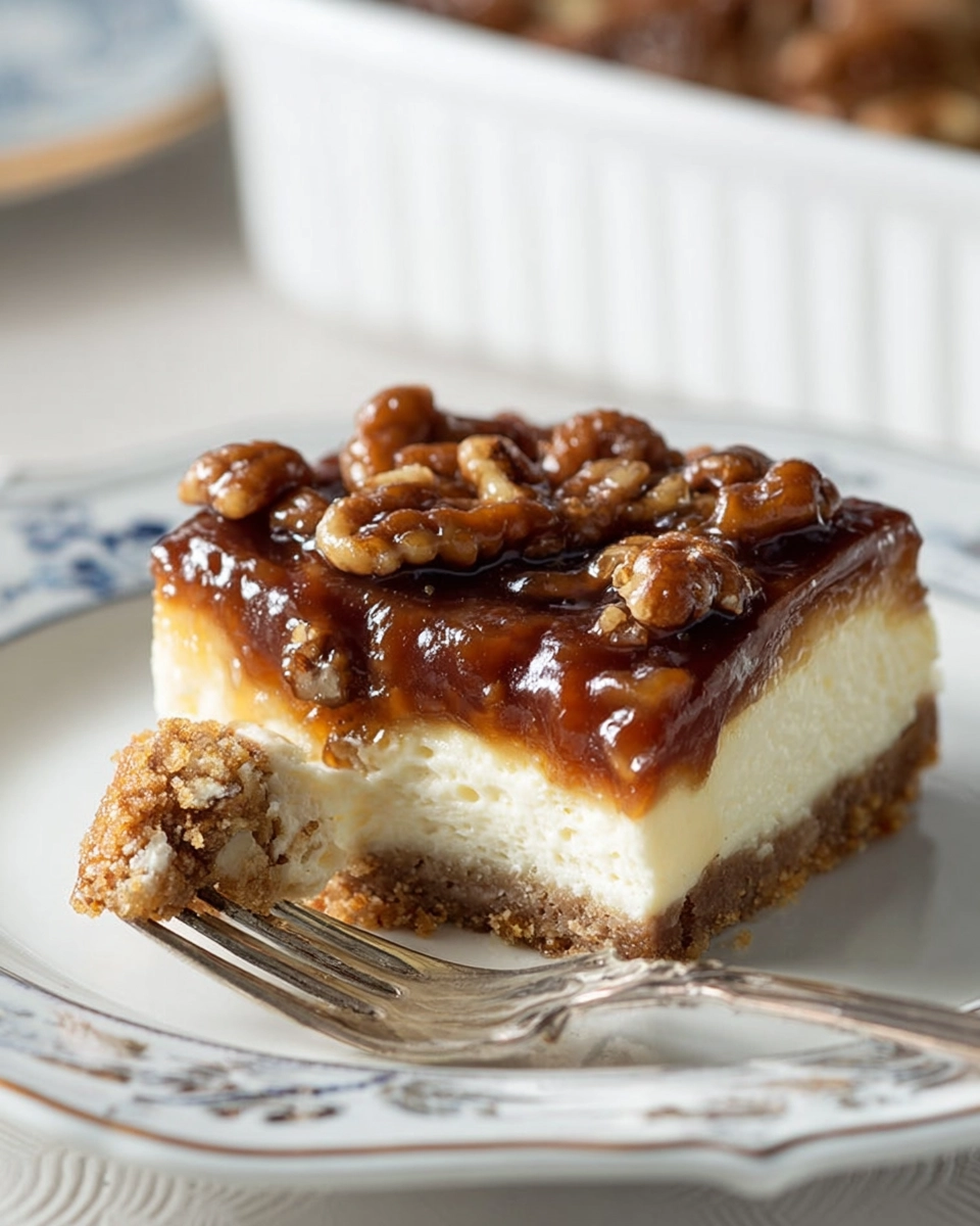 A slice of creamy cheesecake with a graham cracker crust, topped with caramelized pecans, with a fork resting beside it on a white plate.