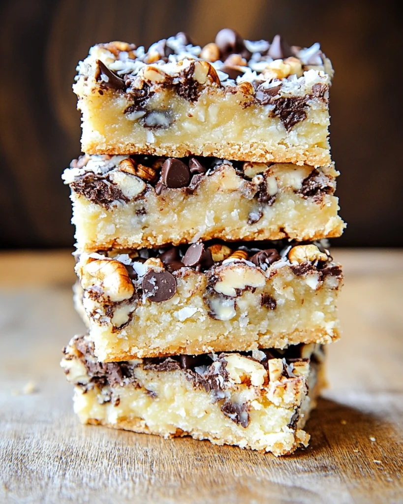 Stack of gooey chocolate chip magic cookie bars with coconut and walnuts on a wooden surface.

