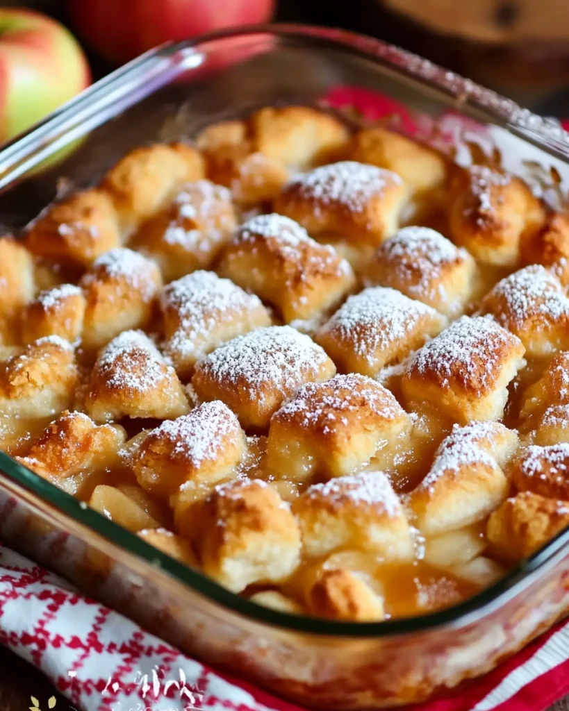 Apple cobbler with a golden biscuit topping and caramelized apples, lightly dusted with powdered sugar in a glass baking dish
