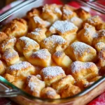 Apple cobbler with a golden biscuit topping, caramelized apples, and powdered sugar in a glass baking dish.