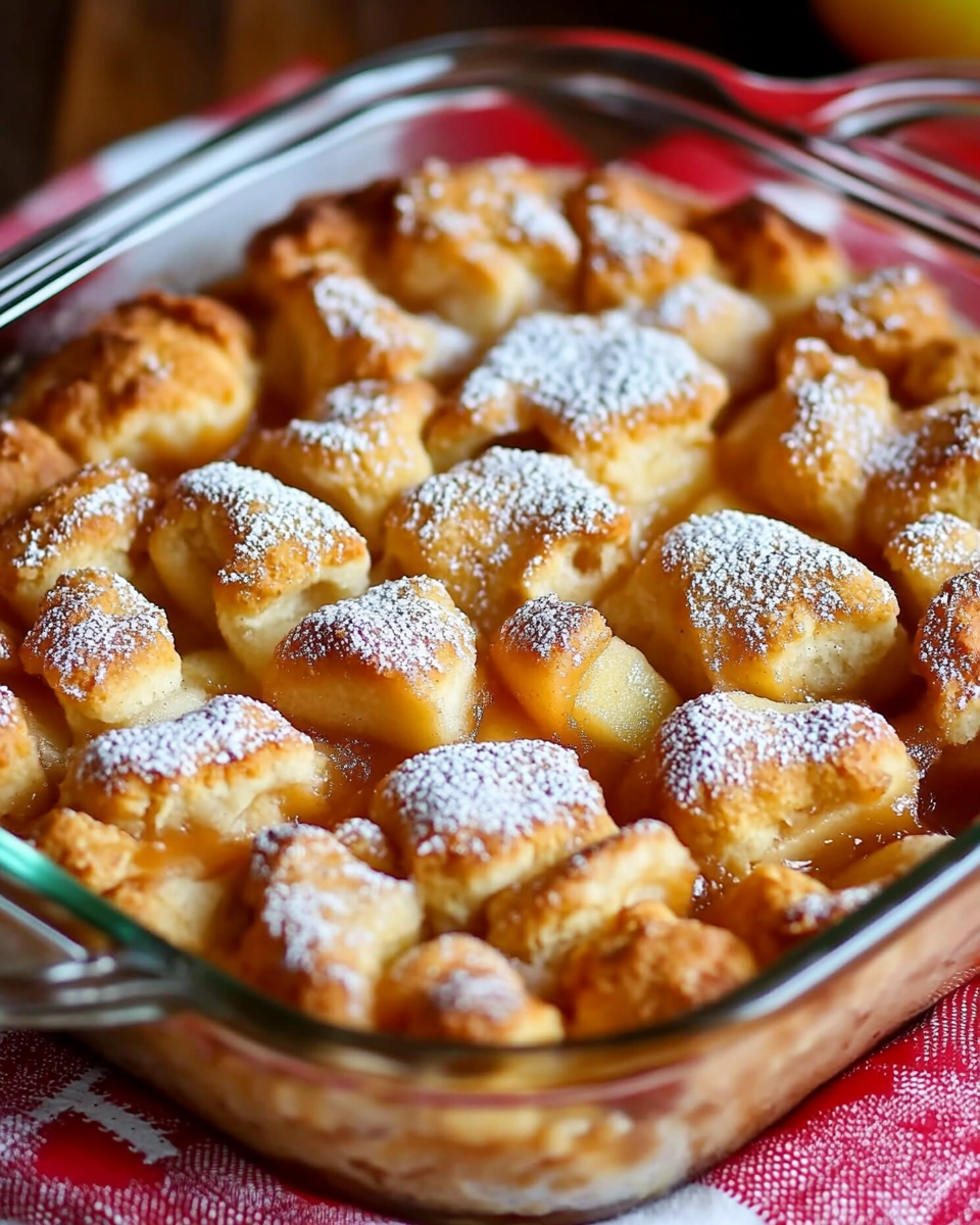 Apple cobbler with a golden biscuit topping, caramelized apples, and powdered sugar in a glass baking dish.