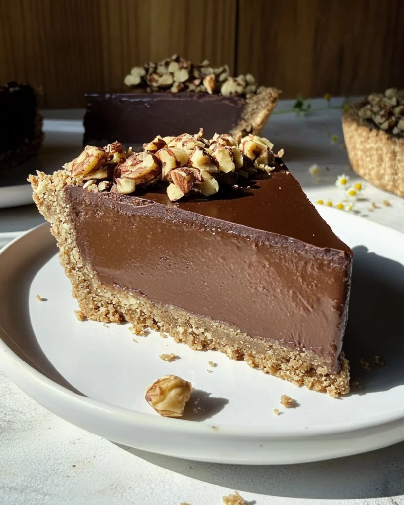 Side view of a slice of raw vegan chocolate tart with nut crust on a white plate in natural light.
