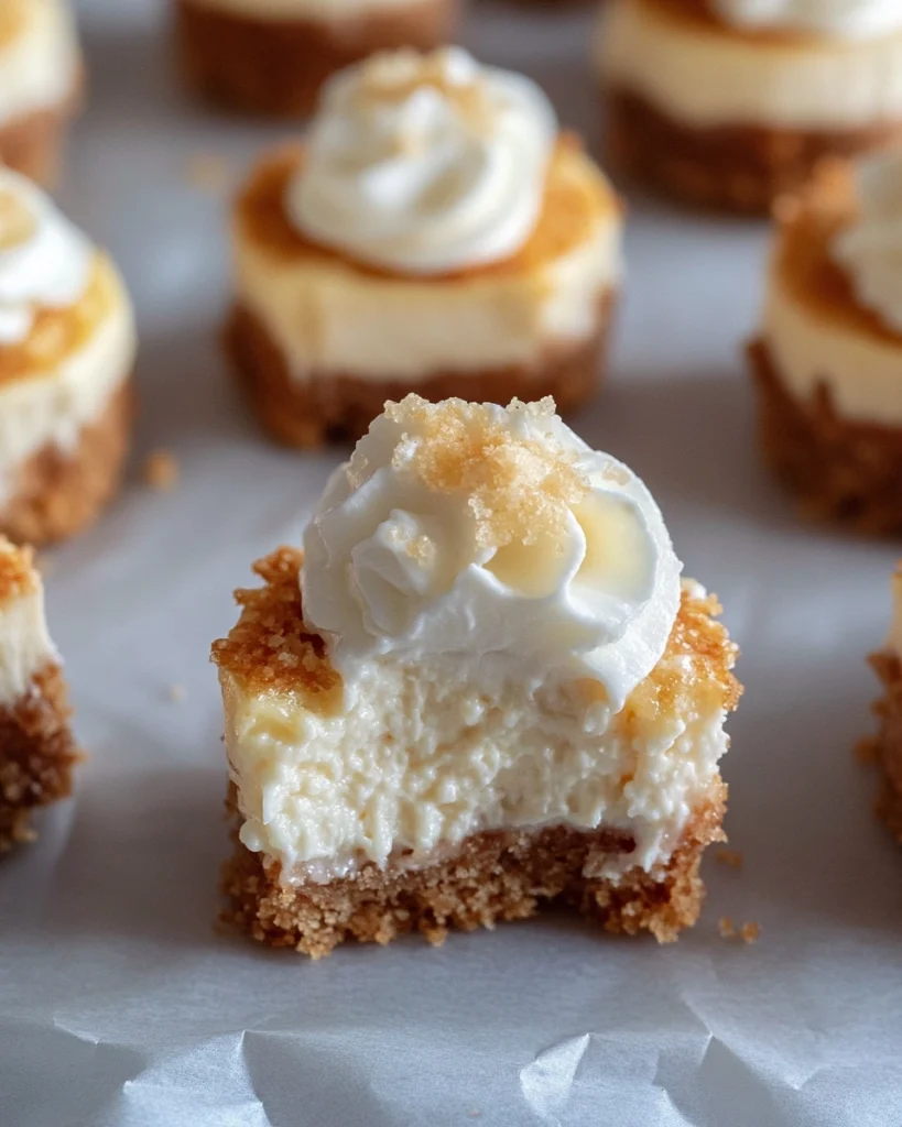 Bitten mini vanilla cheesecake showing creamy filling and crunchy graham cracker crust, topped with whipped cream.