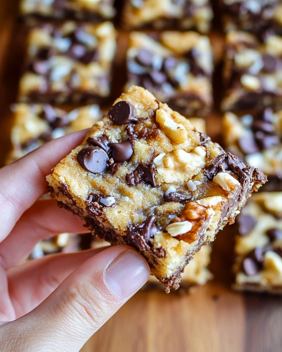 Hand holding a gooey magic cookie bar with chocolate chips, coconut, and walnuts.