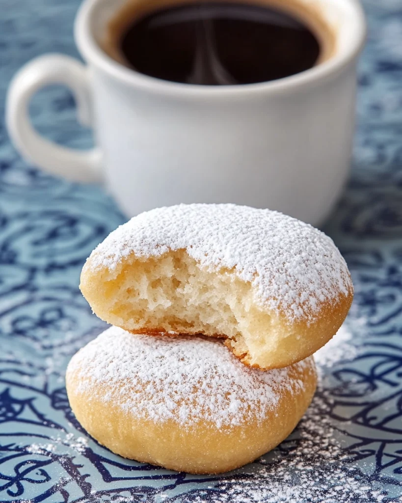 Close-up of bitten beignet stacked on another with powdered sugar and coffee in the background